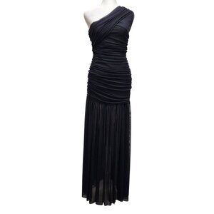 One-Shoulder Black Ruched Evening Gown With Sheer Skirt Size S